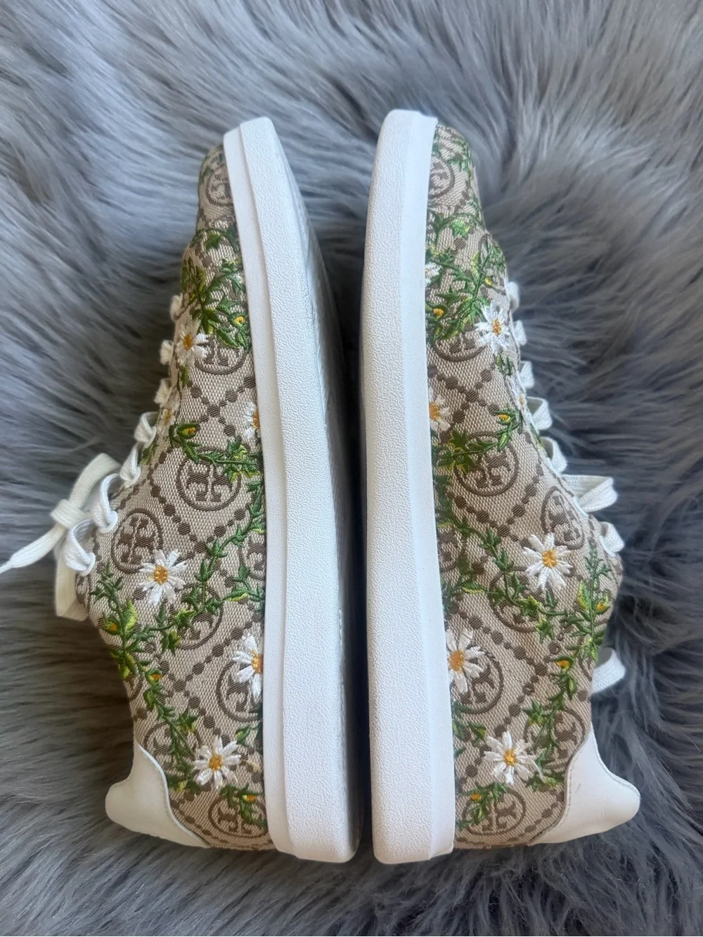 Tory Burch Tan Logo Floral Lace-Up Sneakers Howell Jacquard Print 10.5